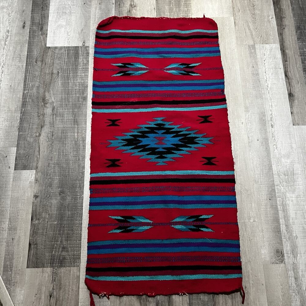 VTG Pink Aztec Diamond Saddle Blanket Western Striped Woven Knit Rug